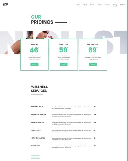 Nioh Studio WordPress theme Pricing Layout