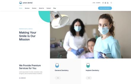 Union Dental WordPress theme Home Page in White Lightblue Style