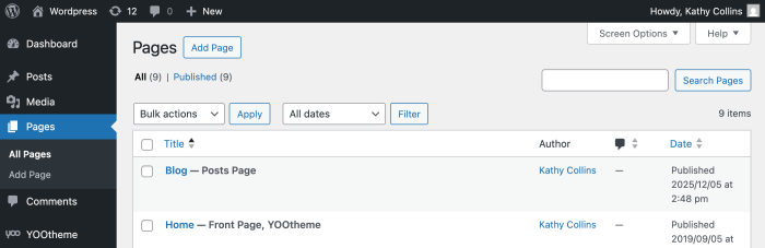WordPress pages screen