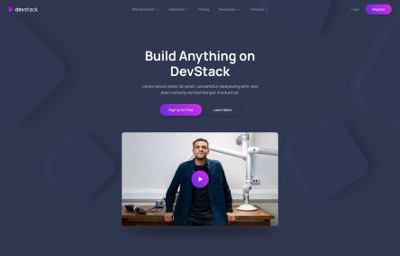 DevStack WordPress theme Home Page in Dark Purple Style