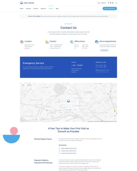 Union Dental WordPress theme Contact Layout