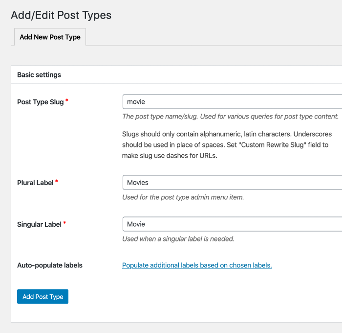 Add new custom post type in CPT UI