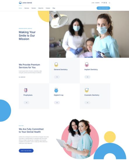 Union Dental WordPress theme Home Layout