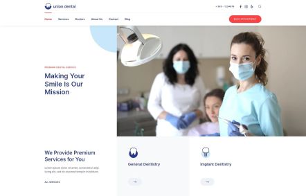 Union Dental WordPress theme Home Page in White Red Style