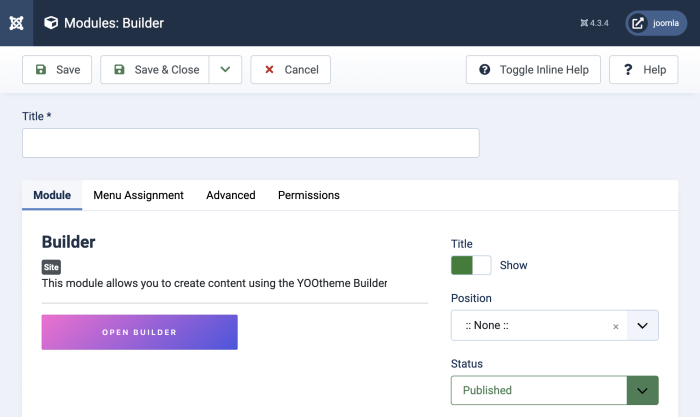 Open builder module in Joomla