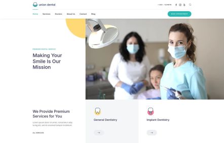 Union Dental WordPress theme Home Page in White Turquoise Style