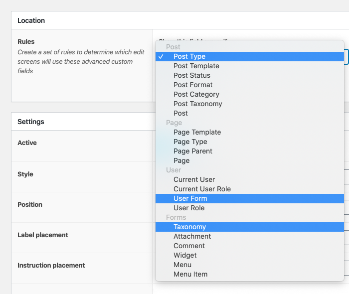 Custom fields locations in ACF
