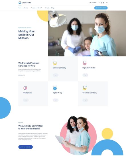 Union Dental WordPress theme Home Layout