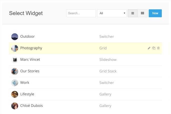 Widgetkit User Interface for Managing Widgets