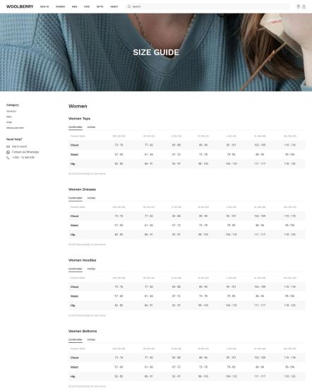 Woolberry Joomla template Size Guide Layout