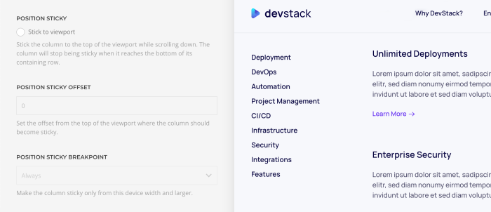 Position sticky for columns