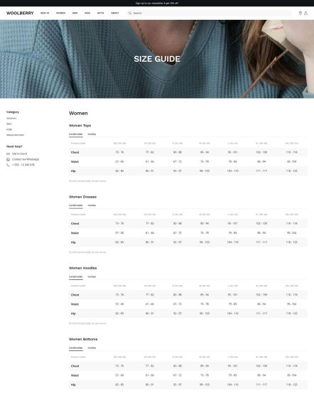Woolberry Joomla template Size Guide Layout