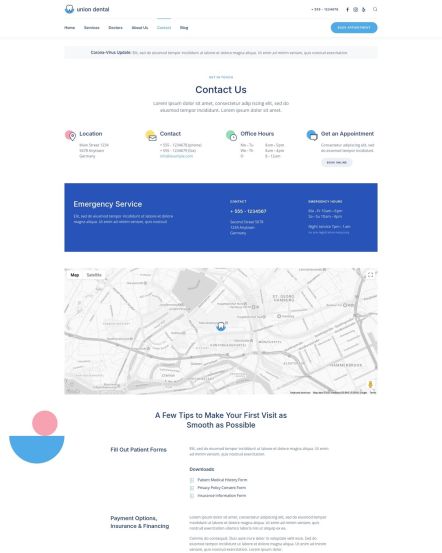 Union Dental WordPress theme Contact Layout