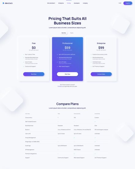 DevStack WordPress theme Pricing Layout