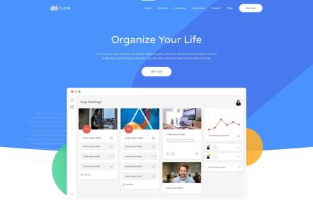 Flow WordPress theme Home Page in White Blue Style