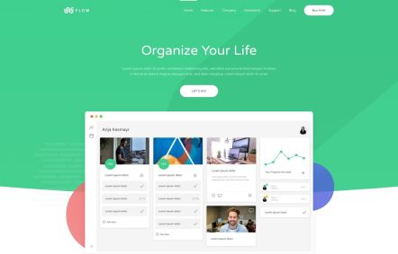 Flow WordPress theme Home Page in White Green Style