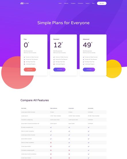 Flow WordPress theme Pricing Layout